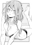  1girl :o barefoot bikini blush breasts collarbone dated grey_background greyscale hair_between_eyes highres kichihachi large_breasts lying monochrome on_stomach original simple_background soles solo swimsuit toes twitter_username two-tone_background wet wet_hair white_background 