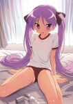  1girl arm_support ass_visible_through_thighs bangs barefoot bed blush bow breasts brown_bow buruma collarbone furrowed_brow groin hair_between_eyes hair_bow hair_ornament highres hiiragi_kagami hotaru_iori ichimi_renge indoors long_hair looking_at_viewer lotion_bottle lucky_star open_mouth purple_eyes purple_hair red_buruma school_uniform second-party_source shiny shiny_skin shirt short_sleeves sitting small_breasts solo straight_hair tan tanlines tsurime twintails very_long_hair wariza wavy_mouth white_curtains white_shirt 