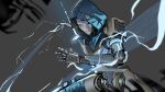  1girl absurdres android apex_legends ash_(titanfall_2) black_sclera colored_sclera electricity glowing glowing_eye grey_background highres hood hood_up nn312 orange_eyes science_fiction simulacrum_(titanfall) solo sword weapon 