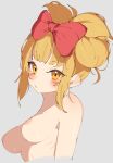  1girl absurdres alternate_hairstyle bare_shoulders blonde_hair boku_no_hero_academia bow breasts completely_nude hair_bow highres medium_breasts nipples nude rasusurasu red_bow short_hair simple_background solo toga_himiko upper_body yellow_eyes 