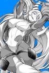  1girl arms_up blue_background blue_eyes bodysuit boku_no_hero_academia breasts commentary_request covered_navel drill_hair greyscale_with_colored_background hadou_nejire highres long_hair looking_at_viewer medium_breasts monochrome open_mouth simple_background takatsuki_ichi teeth upper_teeth very_long_hair 