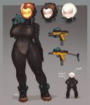  1girl black_bodysuit bodysuit boots breasts commentary covered_navel covered_nipples english_commentary english_text full_body gloves gradient gradient_background gun hands_on_hips heart helmet highres justrube large_breasts looking_at_viewer measurements multiple_views original reference_sheet short_hair signature simple_background skin_tight smile spacesuit submachine_gun v weapon white_hair 