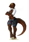  anthro belt bottomwear bra breasts cleavage clothed clothing crossed_arms dinosaur dromaeosaurid ewgengster_(artist) female hi_res leg_belt looking_at_viewer pants reptile scalie shirt solo theropod topwear underwear yellow_eyes 