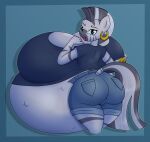  2020 5_fingers absurd_res anthro big_breasts big_butt blue_eyes bottomwear breasts butt clothing ear_piercing ear_ring equid equine female fingers friendship_is_magic funble grey_body grey_stripes hasbro hi_res huge_breasts humanoid_hands hyper hyper_breasts hyper_pregnancy looking_at_viewer looking_back looking_back_at_viewer mammal mohawk my_little_pony open_mouth piercing pregnant ring_piercing shirt shorts solo striped_body stripes topwear zebra zecora_(mlp) 