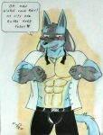  abs absurd_res bulge clothing dashthefox dialogue dialogue_box english_text eyewear glasses hi_res lucario male muscular nintendo nipple_fetish nipple_pinch nipple_play nipples pecs pinch pok&eacute;mon pok&eacute;mon_(species) solo text traditional_media_(artwork) video_games 