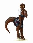  anthro belt bottomwear breasts cleavage clothed clothing dinosaur dromaeosaurid ewgengster_(artist) female hi_res jewelry leather looking_st_viewer necklace pants reptile scalie shirt solo theropod topwear yellow_eyes 