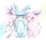  3_toes :&lt; ^_^ abstract_background absurd_res ambiguous_gender blue_body blue_ears blue_eyes blue_fur blue_hair blue_inner_ear blush bow_(feature) canid colored cute_fangs digital_media_(artwork) eeveelution espeon eyes_closed feet felid feline feral forehead_gem front_view full-length_portrait fur glaceon group hair happy hi_res inner_ear_fluff kemono leg_markings long_hair looking_at_another looking_at_viewer mammal markings mogu_mogu_um monotone_body monotone_ears monotone_fur monotone_tail multicolored_body multicolored_fur multicolored_hair neck_bow nintendo no_sclera one_eye_closed open_mouth open_smile paws pigtails pink_body pink_ears pink_fur pink_inner_ear_fluff pink_tail pok&eacute;mon pok&eacute;mon_(species) portrait pupils purple_eyes purple_inner_ear quadruped ribbons ribbons_(anatomy) shaded simple_background sitting smile socks_(marking) standing sylveon three-quarter_view toes tongue trio tuft two_tone_body two_tone_fur two_tone_hair video_games white_background white_body white_fur white_pupils white_ribbon wink 