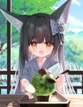  1girl :d animal_ear_fluff animal_ears bangs black_hair blue_kimono blue_sky brown_eyes cloud day food giving holding holding_ladle holding_saucer japanese_clothes kimono ladle long_hair long_sleeves looking_at_viewer matcha_(food) mochi mountain original red_bean_paste saucer shaved_ice sky smile solo tree ujikintoki wide_sleeves yuuhagi_(amaretto-no-natsu) 