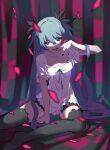  1girl bangs between_legs black_bow black_nails black_ribbon black_thighhighs blue_eyes blue_hair bow breasts collarbone dress fingirl0 hair_between_eyes hair_bow hand_between_legs hatsune_miku highres long_hair looking_at_viewer nail_polish open_mouth ribbon short_dress short_sleeves sitting sketch small_breasts solo thighhighs twintails very_long_hair vocaloid white_dress world_is_mine_(vocaloid) 