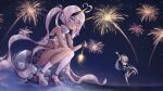  &gt;_&lt; 2girls aerial_fireworks ahoge asymmetrical_legwear azur_lane bangs beach bikini bikini_top_only black_bikini black_gloves black_sailor_collar black_skirt blue_eyes blue_shirt blush breasts cleavage commentary dark-skinned_female dark_skin english_commentary eyes_visible_through_hair facepaint fireworks full_body gloves grey_footwear hair_between_eyes heart heart_ahoge heterochromia horns indianapolis_(azur_lane) lacieon large_breasts long_hair looking_at_viewer manjuu_(azur_lane) mechanical_horns medium_breasts miniskirt multiple_girls night off_shoulder open_mouth partially_fingerless_gloves pink_hair pleated_skirt portland_(azur_lane) purple_hair sailor_collar shirt shoes siblings side_ponytail signature sisters skirt smile socks sparkler swimsuit thighhighs turtleneck twintails underboob uneven_legwear very_long_hair white_bandeau white_socks white_thighhighs yellow_eyes 