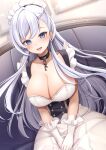  1girl :d azur_lane bangs bare_arms belfast_(azur_lane) black_choker blue_eyes blush braid breasts chain choker cleavage collar collarbone couch dress dutch_angle floating_hair frilled_gloves frilled_hairband frills gloves grey_hair hairband hands_on_lap highres indoors large_breasts long_hair looking_at_viewer low_neckline maid_headdress miyagi_ratona parted_lips sitting sleeveless sleeveless_dress smile solo swept_bangs teeth twitter_username upper_teeth very_long_hair white_dress white_gloves white_hair white_hairband 