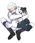  1boy bangs black_footwear boots danganronpa:_trigger_happy_havoc danganronpa_(series) glowing glowing_eye highres holding ishida_(danganronpa) ishimaru_kiyotaka jacket knee_boots long_sleeves male_focus mokuzou_(mokumokuzo) monokuma pants red_eyes short_hair simple_background tongue white_background white_hair white_jacket white_pants 