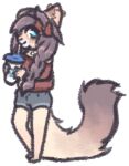  alyx_(alyxalyx) anthro blue_eyes chibi clothed clothing container cup domestic_cat drinking ear_piercing felid feline felis female low_res mammal piercing pineapple-grenade solo 