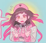  1girl akiko_141 bandaid bandaid_on_face bangs blush bow bowtie brown_eyes brown_hair cropped_torso danganronpa_(series) danganronpa_2:_goodbye_despair gradient gradient_background green_background hands_up hat heart jacket jewelry long_sleeves messy_hair mole mole_under_eye multicolored_hair nurse nurse_cap orange_background pink_hair pink_shirt ring shirt tsumiki_mikan two-tone_hair 