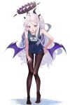  1girl absurdres bangs bare_arms bat_wings black_pantyhose black_wings blue_archive blush breasts collarbone covered_navel demon_girl demon_horns demon_wings flying_sweatdrops full_body highres hiiragi_mikoto hina_(blue_archive) horns long_hair low_wings name_tag no_shoes old_school_swimsuit one-piece_swimsuit open_mouth pantyhose purple_eyes school_swimsuit simple_background small_breasts solo standing swimsuit thighband_pantyhose very_long_hair whistle whistle_around_neck white_background wings 