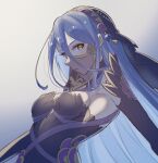  1girl azura_(fire_emblem) black_dress black_sleeves breasts detached_sleeves dress fire_emblem fire_emblem_fates floating_hair grey_background highres karashino long_hair mouth_veil official_alternate_costume parted_lips see-through shiny shiny_hair sideboob small_breasts solo strapless strapless_dress twitter_username upper_body veil very_long_hair yellow_eyes 