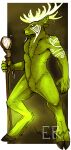  anthro arm_markings artist_logo black_hooves black_nose cervid chest_tuft crotch_tuft digital_media_(artwork) empty_eyes facial_markings featureless_crotch fur fur_markings green_antlers green_body green_ears green_fur green_inner_ear head_markings holding_object holding_staff hooves imperatorcaesar logo male mammal markings neck_tuft shoulder_markings simple_background solo staff standing tuft white_body white_fur white_markings 