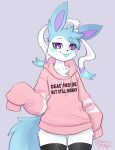  ambiguous_gender anthro baggy_clothing biped blue_body blush clothing eeveelution footwear hi_res hoodie legwear looking_at_viewer nintendo pok&eacute;mon pok&eacute;mon_(species) purple_eyes signature simple_background socks solo solo_focus sylveon thigh_highs thigh_socks tongue tongue_out topwear toxicmilkyx video_games white_body 