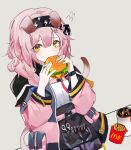 1girl animal_ears arknights bangs black_hairband braid burger cat_ears cat_tail coat cola cup disposable_cup eating fast_food floppy_ears food french_fries goldenglow_(arknights) hair_between_eyes hairband holding holding_food kyushi_(user_41158199) lightning_bolt_print long_sleeves looking_at_viewer mcdonald&#039;s open_clothes open_coat pink_coat pink_hair print_hairband scissors side_braid soda solo tail two-tone_coat yellow_eyes 