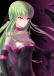  1girl absurdres bangs black_dress black_sleeves breasts budgiepon c.c. cleavage closed_mouth code_geass collar collarbone cosplay covered_navel detached_sleeves dress fate/stay_night fate_(series) floating_hair green_hair hair_between_eyes highres long_hair medium_breasts medusa_(fate) medusa_(rider)_(fate) medusa_(rider)_(fate)_(cosplay) pink_collar shiny shiny_hair solo standing straight_hair strapless strapless_dress v-shaped_eyebrows very_long_hair yellow_eyes 