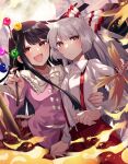  2girls :d arm_around_waist arm_strap bamboo bangs black_hair bow bowtie branch closed_mouth collared_shirt commentary cowboy_shot fire frilled_shirt_collar frilled_skirt frills fujiwara_no_mokou full_moon hair_bow highres houraisan_kaguya jeweled_branch_of_hourai juliet_sleeves katayama_kei long_hair long_sleeves looking_at_viewer moon multiple_girls open_mouth pants pink_nails pink_shirt puffy_sleeves red_bow red_eyes red_pants red_skirt shirt shirt_bow sidelocks skirt smile suspenders touhou two-tone_bow v-shaped_eyebrows very_long_hair white_bow white_bowtie white_hair white_shirt wide_sleeves wing_collar 