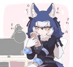  1girl animal_costume animal_ear_fluff animal_ears blazer blue_hair cellphone closed_mouth computer dire_wolf_(kemono_friends) gloves grey_eyes jacket kemono_friends kemono_friends_v_project long_hair microphone phone ribbon sarutori scarf skirt smartphone solo tail twintails virtual_youtuber white_gloves wolf_costume wolf_ears wolf_girl wolf_tail 