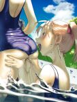  2girls ass ass_grab blue_eyes commentary_request light_brown_hair multiple_girls open_mouth original outdoors partially_submerged pool school_swimsuit soon_(c-u-soon) swimsuit teeth upper_teeth water wet yuri 