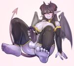  2020 5_fingers 5_toes anthro anus armwear balls barefoot big_breasts biped black_sclera blush bottomless breasts cleavage clothed clothing demon digital_media_(artwork) erection eyelashes feet fingers genitals gynomorph hand_on_own_penis hand_on_penis hi_res humanoid_feet humanoid_pointy_ears intersex legwear lilith_(malkanis) looking_at_viewer membrane_(anatomy) membranous_wings penis red_eyes romarom shaded simple_background solo spade_tail toes topwear wings 