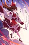  1girl ascot bare_shoulders bow brown_eyes brown_hair closed_mouth detached_sleeves e.o. frilled_skirt frills full_body gohei hair_between_eyes hair_bow hair_tubes hakurei_reimu highres holding japanese_clothes long_hair nontraditional_miko ofuda red_bow red_skirt ribbon-trimmed_sleeves ribbon_trim sidelocks skirt smile solo touhou white_background white_sleeves yellow_ascot 