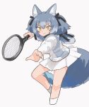  1girl animal_costume animal_ear_fluff animal_ears blue_hair closed_mouth dire_wolf_(kemono_friends) kemono_friends kemono_friends_v_project long_hair looking_at_viewer racket ribbon shimazoenohibi simple_background skirt socks solo sportswear tail tennis_racket tennis_uniform twintails virtual_youtuber wolf_costume wolf_ears wolf_girl wolf_tail yellow_eyes 