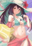  1girl bare_shoulders bikini black_hair breasts chunithm colored_inner_hair cowboy_shot flower green_bikini halterneck hand_up hat hat_flower highres medium_breasts multicolored_hair mushpz navel orange_eyes parted_lips sarong solo standing stomach straw_hat string_bikini surfboard swimsuit 