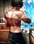  1boy artist_name black_hair black_pants blue_fire boku_no_hero_academia burn_scar cooking dabi_(boku_no_hero_academia) ear_piercing fire from_behind highres kitchen male_focus multiple_scars pants piercing scar scar_on_arm scar_on_neck sharl0ck solo staple stapled stove topless_male 