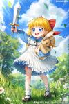  1girl :d absurdres bangs black_footwear black_ribbon blonde_hair blue_eyes blue_shirt blue_sky bow cloud cloudy_sky commentary_request copyright_request day dress flower food_print frilled_dress frills grass hair_bow highres holding holding_sword holding_weapon korean_commentary long_hair long_sleeves menna_(0012) neck_ribbon object_hug official_art outdoors outstretched_arm pink_shorts pleated_dress print_shorts puffy_long_sleeves puffy_sleeves red_bow ribbon round_teeth shirt shoes shorts shorts_under_dress sky sleeveless sleeveless_dress smile socks solo standing strawberry_print stuffed_animal stuffed_bunny stuffed_toy sword teeth tree twitter_username upper_teeth very_long_hair weapon white_dress white_flower white_socks 