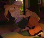  2girls arm_up baggy_pants bangs barefoot blonde_hair blurry blurry_background blush bow brown_bow brown_eyes brown_hair brown_headwear bush cape carpet closed_mouth covering_mouth detached_sleeves door dress english_commentary fingernails floor gap_(touhou) green_pants grey_dress grey_headwear grey_shirt hair_between_eyes hand_on_own_face hands_up hat hat_bow highres indoors leaf light_brown_hair long_hair long_sleeves looking_at_another matara_okina mob_cap multiple_girls nekolina open_door orange_cape pants picture_(object) purple_eyes red_bow shadow shirt sitting sky sweat sweatdrop tabard teeth television toenails touhou wall white_sky wide_sleeves yakumo_yukari yuri 