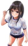  1girl bangs blue_bra blush bra bra_visible_through_clothes brown_eyes brown_hair buruma gym_uniform highres long_hair looking_at_viewer original purple_buruma shirt simple_background solo standing underwear wet wet_clothes wet_hair wet_shirt white_background yukemuriganmo 