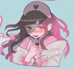  1girl akiko_141 alternate_costume bandaged_hand bandages bandaid bandaid_on_face bangs blush bow bowtie brown_eyes brown_hair danganronpa_(series) danganronpa_2:_goodbye_despair green_background hands_up hat heart long_hair long_sleeves multicolored_hair nurse nurse_cap own_hands_together pink_hair pink_shirt shiny shiny_clothes shirt solo teeth tsumiki_mikan two-tone_hair upper_teeth white_bow white_bowtie 