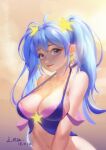  1girl absurdres arcade_sona artist_name bangs bare_arms bare_shoulders blue_eyes blue_hair breasts cleavage dated hair_ornament highres jewelry large_breasts league_of_legends lna_(lna384677861) long_hair looking_at_viewer navel solo sona_(league_of_legends) star_(symbol) star_hair_ornament twintails 