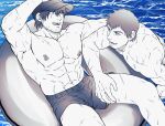  2boys abs adventurer_(ff14) ardbert_(ff14) bangs bara baseball_cap facial_hair final_fantasy final_fantasy_xiv hat highres hyur innertube large_pectorals looking_at_another male_focus male_swimwear multiple_boys muscular muscular_male navel nipples open_mouth partially_submerged pectorals scar scar_across_eye scar_on_face short_hair smile topless_male water yomotsuki_road 
