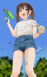  1girl :d artist_name blue_eyes blue_sky brown_hair commentary_request day denim denim_shorts flat_chest hair_ornament hair_tie hairclip hands_up holding holding_water_gun mattaku_mousuke medium_hair open_mouth original outdoors shirt short_shorts short_sleeves shorts sky smile solo standing twintails water_balloon water_drop water_gun white_shirt 