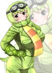  1girl animal_costume black_eyes blush bomber_jacket bow bowtie breasts closed_mouth gachapin goggles green_hair highres hirake!_ponkikki jacket kemono_friends kemono_friends_3 large_breasts looking_at_viewer scarf short_hair simple_background smile solo tail tunndererabu zipper 