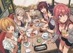  5girls blush bracelet braid camisole food hayami_kanade highres ichinose_shiki idolmaster idolmaster_cinderella_girls indoors jewelry jougasaki_mika lipps_(idolmaster) looking_afar looking_at_another miyamoto_frederica multiple_girls nail_polish namiko817 parfait pasta pink_camisole pizza puffy_short_sleeves puffy_sleeves restaurant see-through see-through_shirt shiomi_syuko shirt short_sleeves sitting spaghetti striped striped_shirt twin_braids 