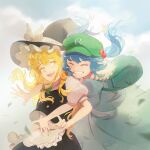  2girls ;d absurdres apron backpack bag black_headwear black_skirt black_vest blonde_hair blue_hair blue_skirt blue_vest blush bow braid breedo buttons chinese_commentary closed_eyes commentary eyelashes flat_cap glomp green_bag green_bow green_headwear grin hair_bow hat hat_bobbles hat_bow highres hug hug_from_behind kawashiro_nitori kirisame_marisa long_hair multiple_girls one_eye_closed open_mouth puffy_short_sleeves puffy_sleeves shirt short_sleeves single_braid skirt skirt_set smile teeth touhou twintails upper_teeth very_long_hair vest waist_apron white_apron white_bow white_shirt witch_hat yellow_eyes 