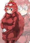  1girl animal_costume black_eyes blush breasts closed_mouth glasses gloves hair_ornament highres hirake!_ponkikki kemono_friends kemono_friends_3 kneehighs large_breasts long_hair looking_at_viewer mukku red_hair red_shirt red_shorts ribbon scarf shirt shorts simple_background smile socks solo tunndererabu white_gloves 