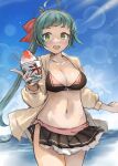  1girl absurdres ahoge bikini black_bikini blush breasts cleavage collarbone cowboy_shot food green_eyes green_hair highres holding holding_food irako_(kancolle) kantai_collection large_breasts long_hair long_sleeves navel open_mouth ponytail shaved_ice smile solo swimsuit toka_(marchlizard) 