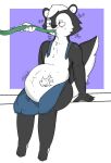  anthro belly big_belly claws clothing digital_media_(artwork) floating_hands fur hair hi_res hose inflation male mammal mephitid overalls phant0mhat rumbling_stomach simple_background sitting skunk solo text water 