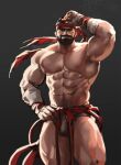  1boy abs bandaged_arm bandages bara beard black_hair bulge contrapposto dopey_(dopq) facial_hair feet_out_of_frame grin headband highres large_pectorals loincloth looking_at_viewer male_focus mature_male muscular muscular_male mustache navel navel_hair nipples pectorals red_headband ryu_(street_fighter) short_hair smile solo standing stomach street_fighter street_fighter_6 thick_eyebrows thick_thighs thighs topless_male 