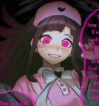  1girl akiko_141 alternate_costume bandaid bandaid_on_face bangs blush bow bowtie brown_hair collared_shirt danganronpa_(series) danganronpa_2:_goodbye_despair grey_bow grey_bowtie grin hat heart long_hair nurse nurse_cap pink_eyes pink_shirt shiny shiny_hair shirt smile solo speech_bubble teeth tsumiki_mikan 