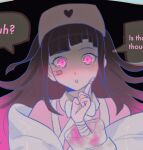  1girl :o akiko_141 alternate_costume bandaged_arm bandages bandaid bandaid_on_face bangs black_background black_hair danganronpa_(series) danganronpa_2:_goodbye_despair hat heart jewelry long_hair multicolored_hair nurse nurse_cap open_mouth pink_eyes pink_hair pink_shirt portrait ring shirt solo tsumiki_mikan two-tone_hair 