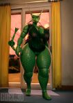  3d_(artwork) absurd_res big_breasts breasts clothing coel3d digital_media_(artwork) emerald_(coel3d) fan_character female green_body green_skin hi_res humanoid legendary_pok&eacute;mon nintendo pinup pok&eacute;mon pok&eacute;mon_(species) pose rayquaza solo tail thick_thighs translucent translucent_clothing video_games yellow_eyes 