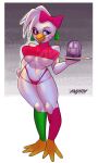  2022 absurd_res accessory afyillustration animatronic anthro avian big_breasts bird bow_ribbon breasts chicken clothed clothing female five_nights_at_freddy&#039;s five_nights_at_freddy&#039;s:_security_breach galliform gallus_(genus) glamrock_chica_(fnaf) hair_accessory hair_bow hair_ribbon hi_res holding_object machine mammal navel open_mouth open_smile phasianid purple_eyes ribbons robot scottgames simple_background smile solo standing under_boob video_games white_body 